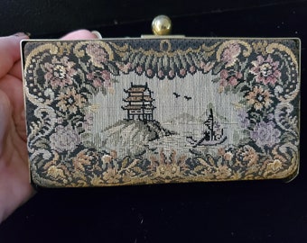 Vintage Japan mid century Asian Japanese Clutch 1950-60s hard case tapestry exterior wallet purse small