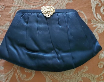 Vintage 1940s-50s black clutch evening bag purse ornate clasp Beau Sac USA brand formal handbag mid century lovely black satin