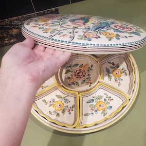 Vintage Rare mid century Hand painted Outeiro Agueda Pottery Portugal XL multi purpose ceramic serving platter dish Peacock bird signed