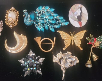 Vintage bundle 1900-1980 variety brooches Napier M. Jent more brooch gold tone bling mother of pearl costume jewelry pin mid century