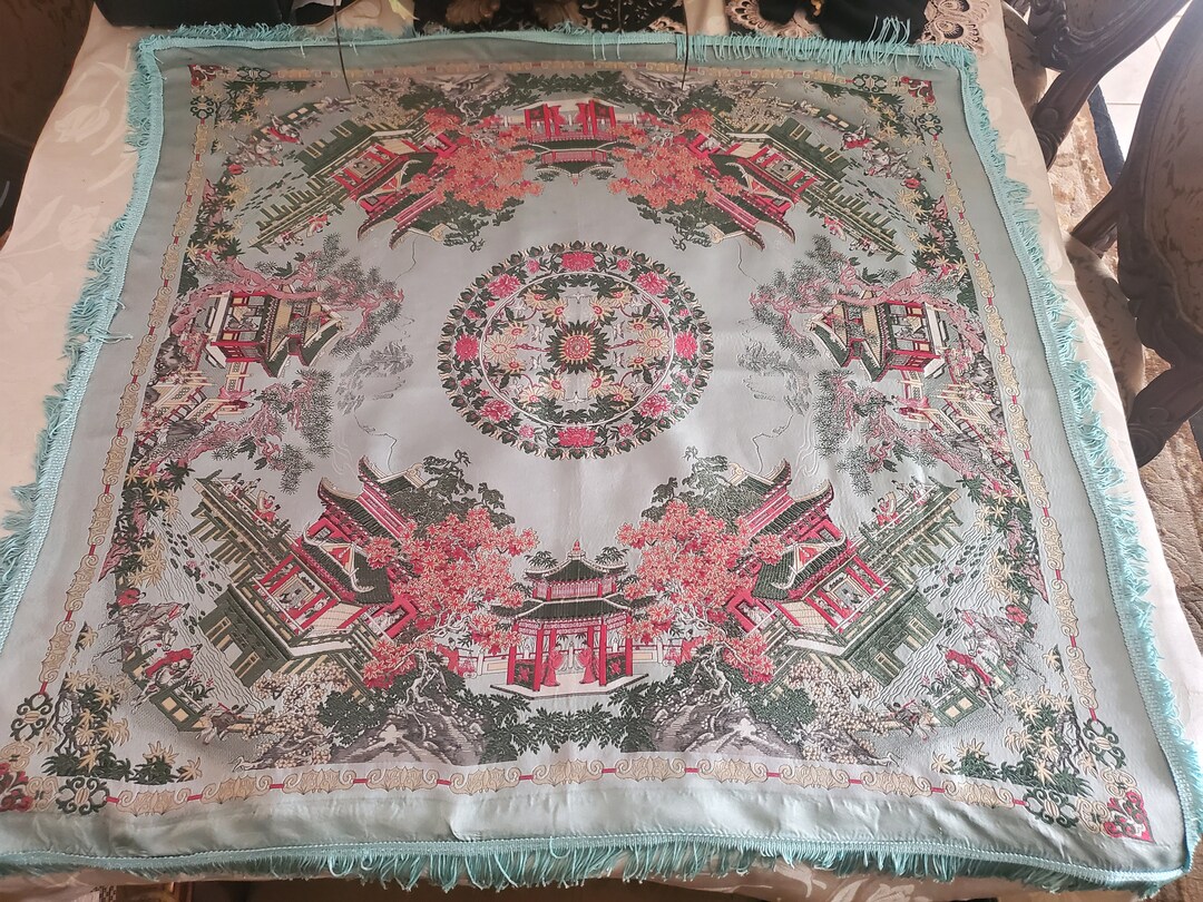 Vintage Mid Century Chinese Silk Table Piano Scarf Brocaded Flowers