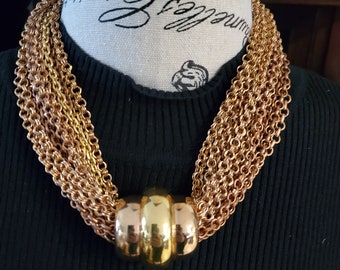 Vintage 1960-70s Monet BIG bold tri colored necklace multi strand statement jewelry costume gold tone