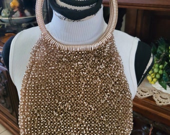 Retro crochet loop handle top handbag tote metallic taupe color purse bag woven silicone type material