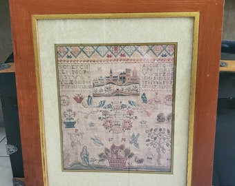 Vintage framed Art print of Sampler 1798 Religious theme Adam Eve Snake Jesus Cross embroidery needlepoint but a Printed copy wall decor