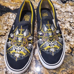Vans Black Slip-On Loafers with Yellow Skull Graphic Rare Vans Classic Beauty Skull & Flowers Slip On Shoes  main image 4
