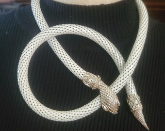 Vintage Whiting Davis White Silver mesh snake necklace wrap 1960-70s signed multi use jewelry serpent statement choker