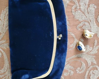 Vintage Navy blue velvet fold over clutch handbag purse bag 1960s  gold tone with navy gold signed David Gross Earrings jewelry formal wear