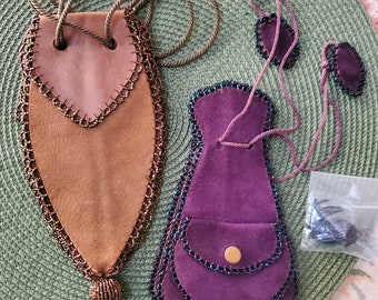 Vintage pair of Native American Indian hand made buckskin tulip pouch bag with beads mid century purse dyed purple and tan drawstring