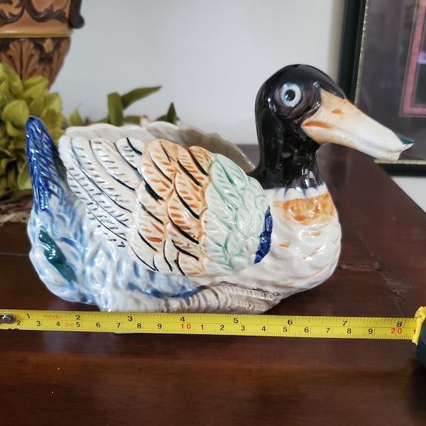 Vintage Occupied Japan hand painted ceramic Mallard Duck planter great for Air plants mic century 1940-50s decor bird fowl container