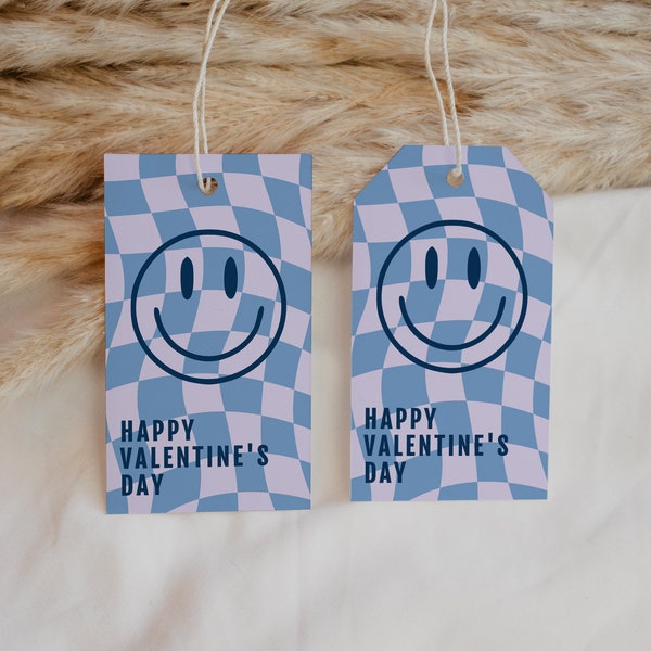 Boy's Valentine's Day Editable Favor Tag, Smiley Face Tag for Boy, Printable Vday Treat Tag, Blue Smiley Gift Tag Template, Modern Checker