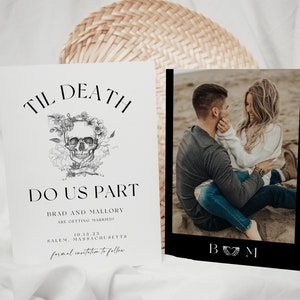 Finché morte non ci separi Salva la data stampabile, annuncio di matrimonio di Halloween modificabile con foto, invito scheletro, Salva la data gotico teschio