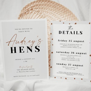 Carte d'invitation à un enterrement de vie de jeune fille minimaliste et itinéraire, Invitation EVJF neutre pour week-end imprimable, EVJF Boho chic modifiable | Audrey
