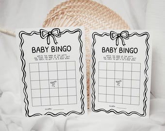 Coquette Bow Baby Shower Bingo Game Card Printable, Hand Drawn Bow Baby Shower Game DIY Template, Bold Colors Baby Bingo