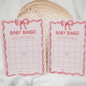 Coquette strik roze rood babyshower bingo game kaart afdrukbare, handgetekende strik babyshower spel DIY sjabloon, gedurfde kleuren babybingo