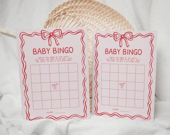 Coquette Bow Pink Red Baby Shower Bingo Game Card Printable, Hand Drawn Bow Baby Shower Game DIY Template, Bold Colors Baby Bingo
