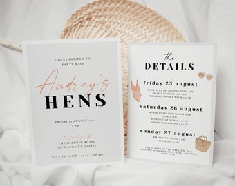 Beach Hen Party Invitation & Itinerary, Neutral Lake Bachelorette Weekend Invite Printable, Minimalist Hen Weekend Editable | AUDREY