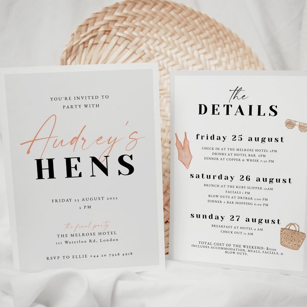 Beach Hen Party Invitation & Itinerary, Neutral Lake Bachelorette Weekend Invite Printable, Minimalist Hen Weekend Editable | AUDREY