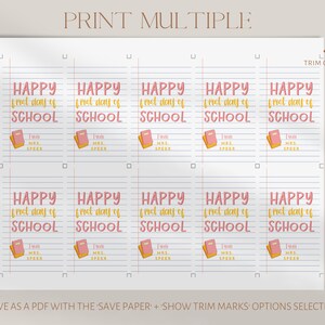 May include: A printable sheet with multiple "Happy First Day of School" tags. Each tag features the text in pink and yellow, a small book illustration, and the name "Mrs. Speer". The sheet is designed to be printed and trimmed.