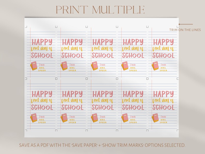 May include: A printable sheet with multiple "Happy First Day of School" tags. Each tag features the text in pink and yellow, a small book illustration, and the name "Mrs. Speer". The sheet is designed to be printed and trimmed.