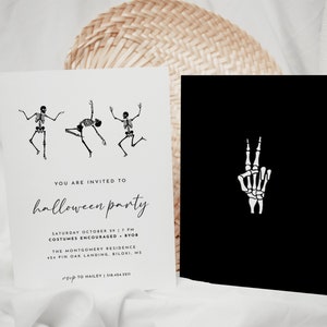 May include: A black and white invitation for a Halloween party. The invitation features a skeleton graphic and the text "YOU ARE INVITED TO halloween party" and "SATURDAY OCTOBER 29 7 PM COSTUMES ENCOURAGED - BYOB THE MONTGOMERY RESIDENCE 424 PIN OAK LANDING, BILOKI, MS RSVP TO HAILEY | 318.434.3011".