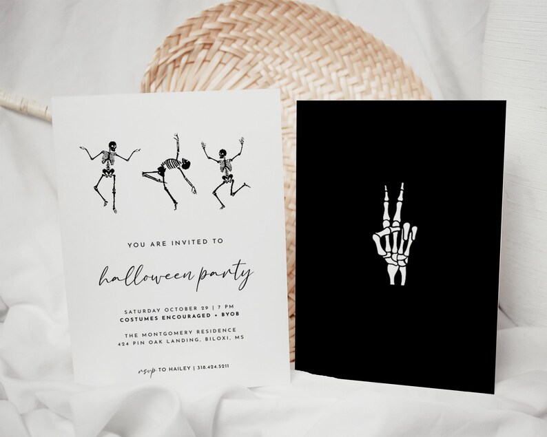 May include: A black and white invitation for a Halloween party. The invitation features a skeleton graphic and the text "YOU ARE INVITED TO halloween party" and "SATURDAY OCTOBER 29 7 PM COSTUMES ENCOURAGED - BYOB THE MONTGOMERY RESIDENCE 424 PIN OAK LANDING, BILOKI, MS RSVP TO HAILEY | 318.434.3011".