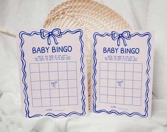 Coquette Bow Light Blue Baby Shower Bingo Game Card Printable, Hand Drawn Bow Baby Shower Game DIY Template, Bold Colors Baby Bingo