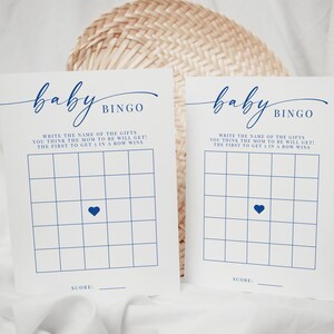 Carte de jeu de bingo pour baby shower garçon bleu imprimable, modèle de bricolage jeu de baby shower simple minimaliste, téléchargement immédiat, bingo bébé moderne