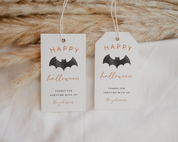 Happy Halloween Bat Gift Tag Editable, Modern Trick or Treat Favor Printable, Fall Treat Bag DIY Custom Tags, Trunk or Treat Tag Template