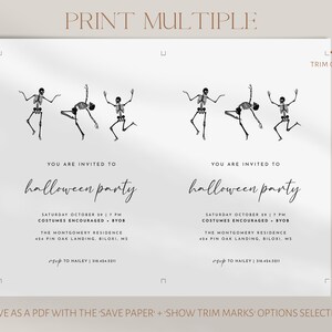 May include: Printable Halloween party invitation with a white background and black skeleton illustrations. The text reads "You are invited to Halloween party" with the date and time of the party, the location, and RSVP information.