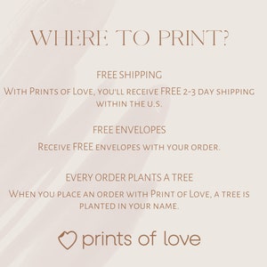 Peut inclure: Un design graphique avec le texte "WHERE TO PRINT?" et des informations sur la livraison gratuite, les enveloppes gratuites et un programme de plantation d'arbres. Le texte "prints of love" est dans un logo en forme de c&oelig;ur.