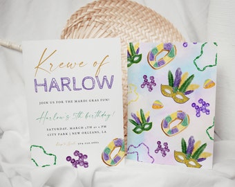 May include: A Mardi Gras themed birthday invitation with a purple and gold design. The invitation says "Krewe of Harlow" and "Harlow's 5th birthday!" with the date and time of the party. The background is a watercolor pattern of purple, green, and gold beads, masks, and king cakes.