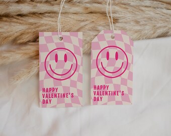 Smiley Face Valentine's Day Editable Favor Tag, Printable Cute Vday Tag, Class Vday Party Tag, Pink Smiley Gift Tag Template, Modern Checker