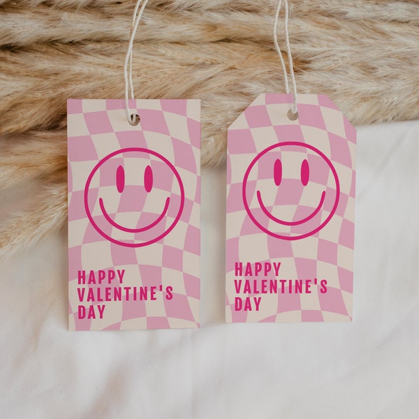 Smiley Face Valentine's Day Editable Favor Tag, Printable Cute Vday Tag, Class Vday Party Tag, Pink Smiley Gift Tag Template, Modern Checker