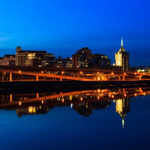 Albany NY city scene printable art. Night scene blue hour. City scape wall art. Hudson River art decor. Government offices. Digital Image