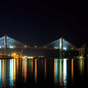City night scene printable art. Savannah GA Talmadge Mem bridge, Hutchinson Island. Car trails, reflections. Home decor. Digital Image