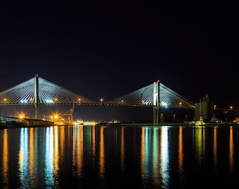 City night scene printable art. Savannah GA Talmadge Mem bridge, Hutchinson Island. Car trails, reflections. Home decor. Digital Image