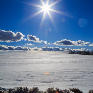 Winterlandschapsprint. Met sneeuw bedekt meer. Zon stralende ster. Ijzig landschap. Heldere blauwe lucht en schittering. Koud weer. Digitale afbeelding