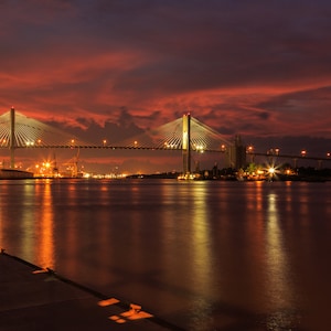 Savannah GA Talmadge bridge, Hutchinson Island night scene printable art. Housewarming, History lover gift. Office art. Digital Image