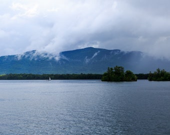 Adirondack Mountain scene printable art. Cumulous clouds over Lake George NY. Mountain cabin wall art. Family vacation. Digital Image