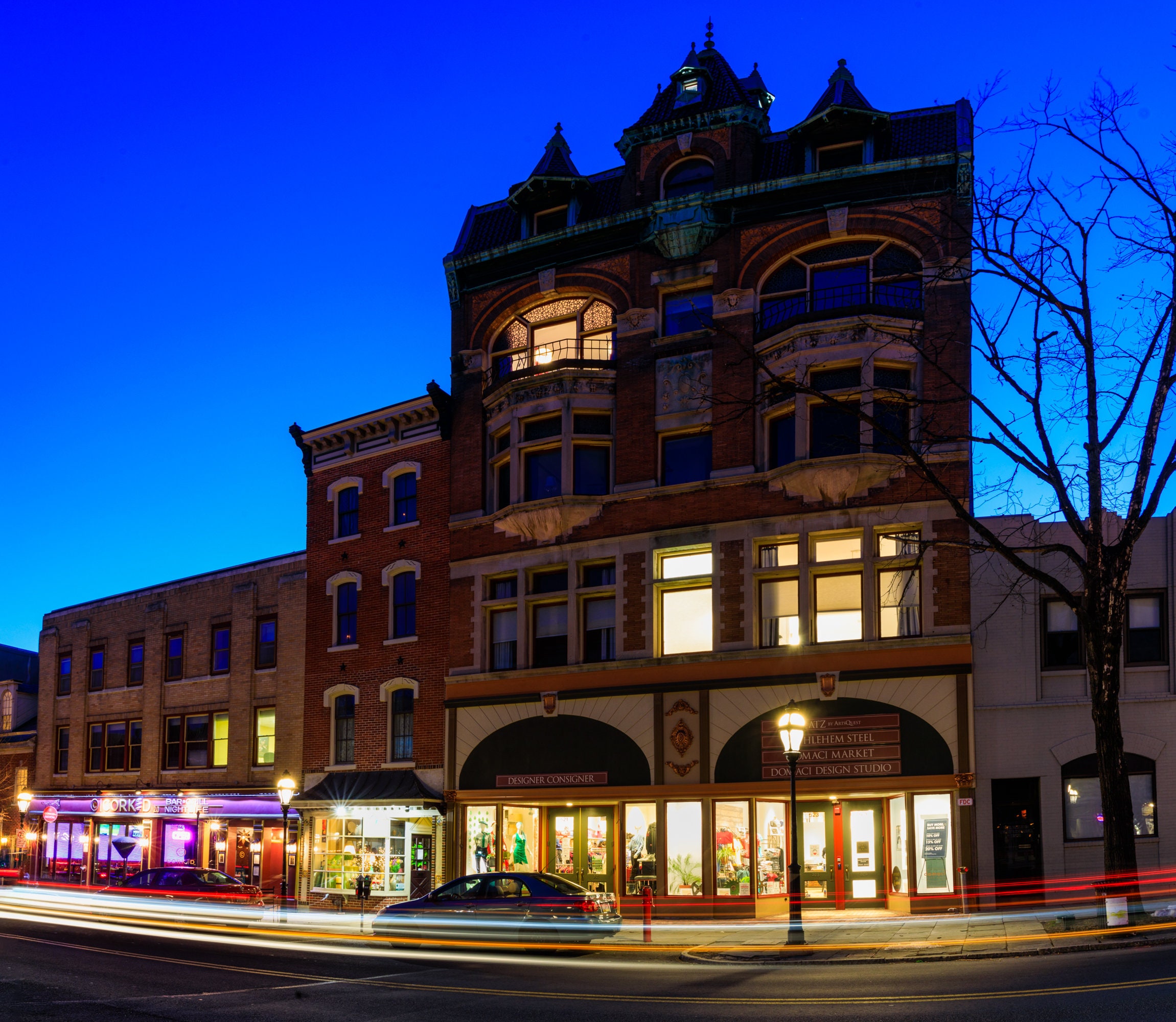 Downtown Bethlehem Pa during blue hour. Shops retail bars Etsy