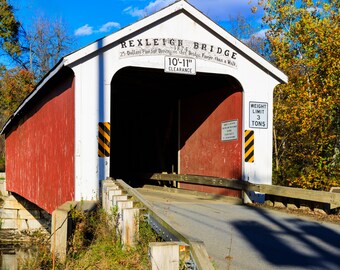 Upstate NY wall art. Historical Rexleigh red covered bridge printable art. Battenkill River, Salem NY. Rural America. Digital Image