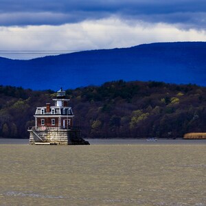 Mountain landscape wall art. Cabin art. Blue Catskills. Historic lighthouse in Athens NY. Hudson River dreary rainy day. Digital Image