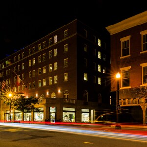 Saranac Lake at Night Photography: Car Trails, Downtown Scene (Digital Image)