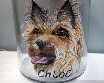 Custom Hand Painted Pet/Dog/Cat on Anchor Hocking 2-Qt Lidded Glass Jars Painted from your Photo