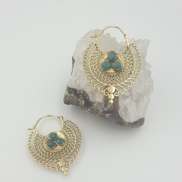 Boucles d'oreilles laiton et pierres naturelles, Turquoise / Bijou Mandala / Boho Chic / Bijou ethnique, influence indienne