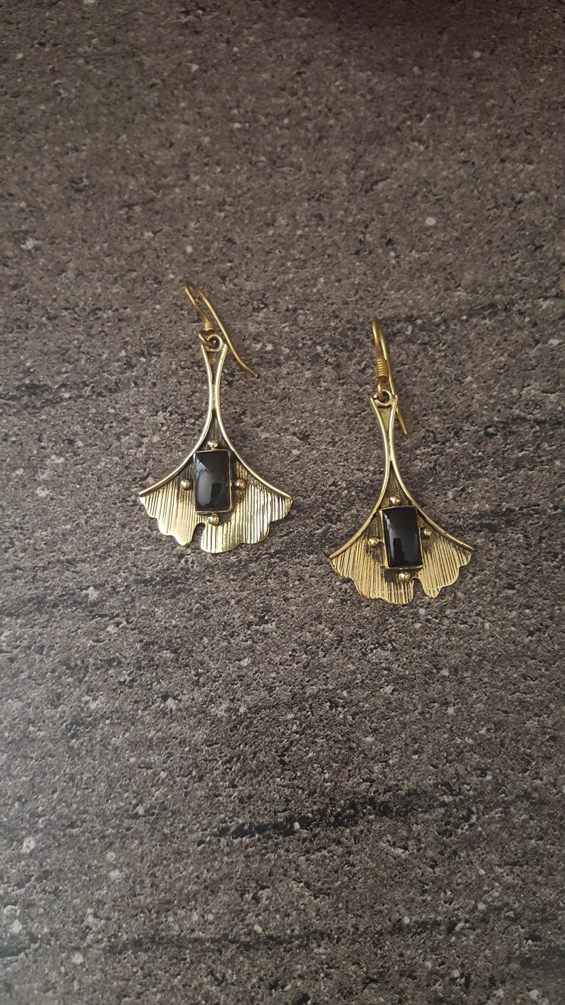 Ginkgo Leaf Ginkgo Earrings Boho Jewel Gypsy Jewelry Brass Earrings with Semi-Precious Stones Black Onyx