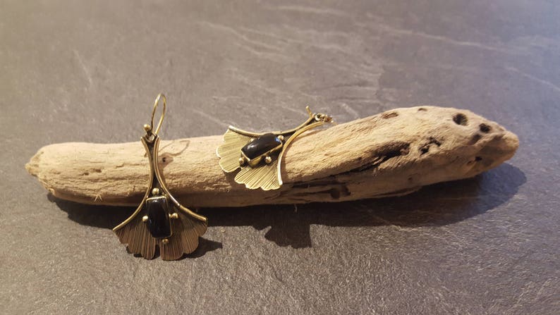 Ginkgo Leaf Ginkgo Earrings Boho Jewel Gypsy Jewelry Brass Earrings with Semi-Precious Stones Black Onyx