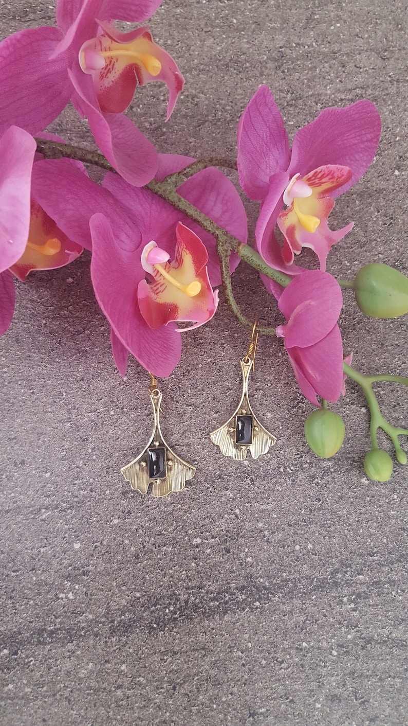 Ginkgo Leaf Ginkgo Earrings Boho Jewel Gypsy Jewelry Brass Earrings with Semi-Precious Stones Black Onyx