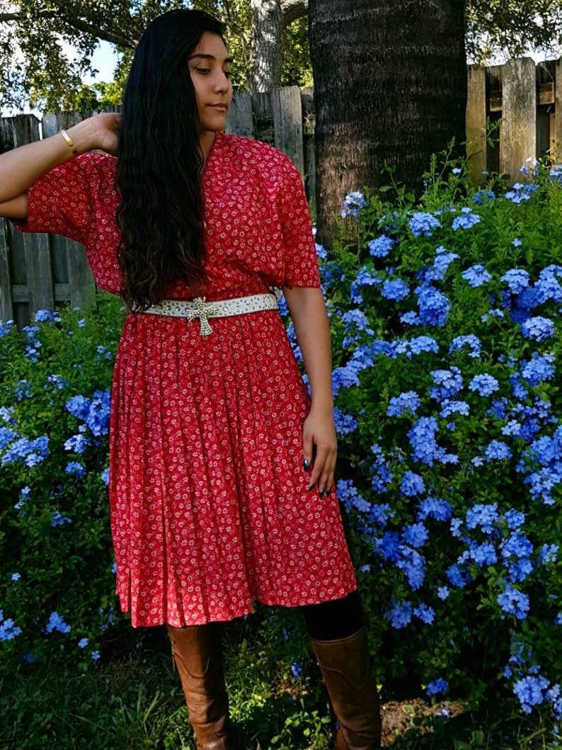 Red dress with white flowers,Vintage red dress Red and white dress Leslie Fay dress