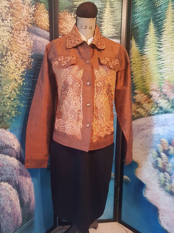 Burnt orange jacket, Silk jacket, Silk embellished